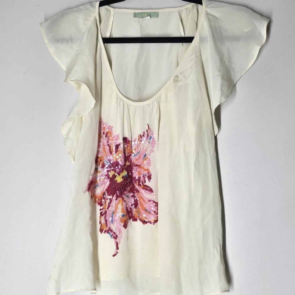 100% Silk Ivory Sheer Ruffle Sequined Floral Blouse Lined Womens Size S